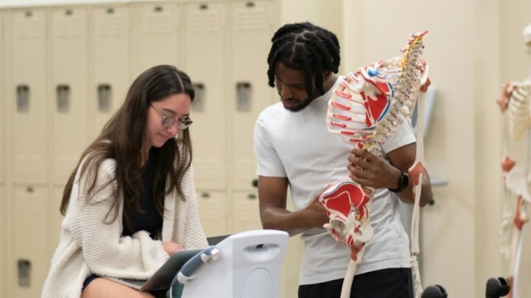 Two students studying an anatomical model together